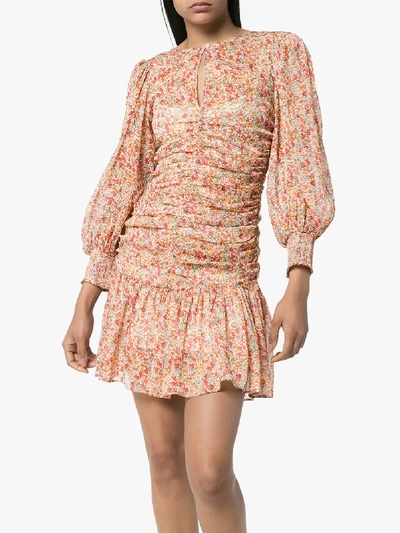 Shop Bytimo Ruched Floral Print Mini Dress In Orange