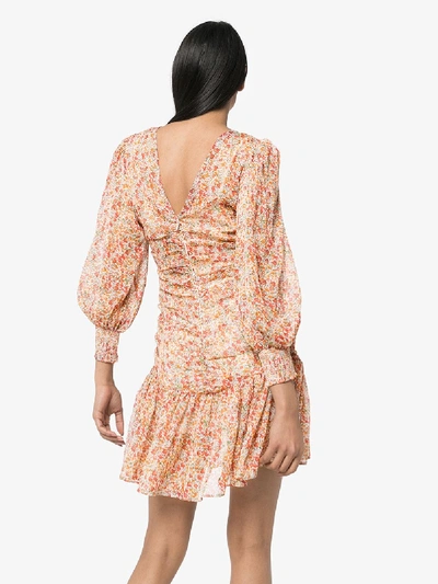 Shop Bytimo Ruched Floral Print Mini Dress In Orange