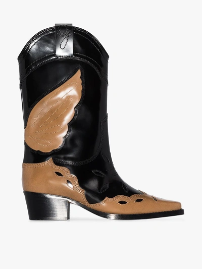 Shop Ganni Black And Beige High Texas 70 Leather Cowboy Boots