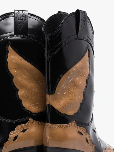 Shop Ganni Black And Beige High Texas 70 Leather Cowboy Boots