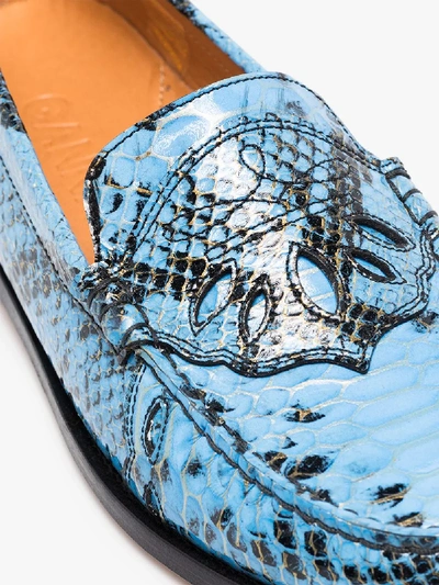 Shop Ganni Blue Patent Snake Print Leather Loafers In Black