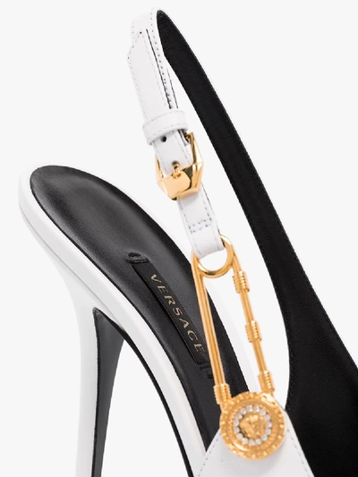 Shop Versace White 105  Safety Pin Leather Slingback Pumps