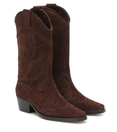 Shop Ganni High Texas Suede Cowboy Boots In Brown