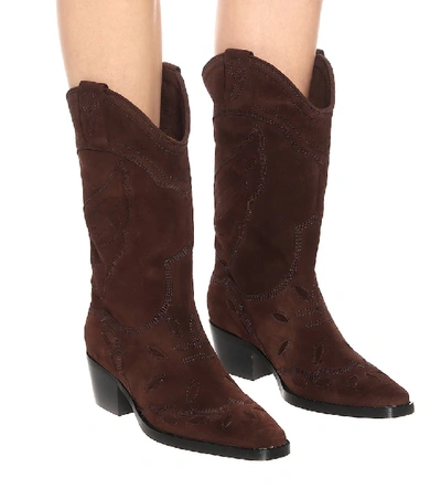 Shop Ganni High Texas Suede Cowboy Boots In Brown