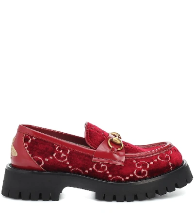 Shop Gucci Horsebit Gg Velvet Loafers In Red