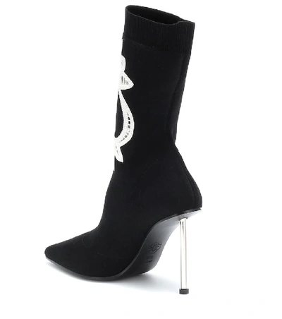 Shop Alexander Mcqueen Lace-trimmed Knitted Ankle Boots In Black
