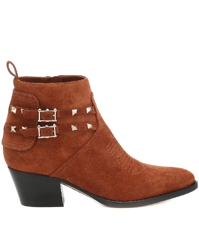 Shop Valentino Rockstud Suede Ankle Boots In Brown