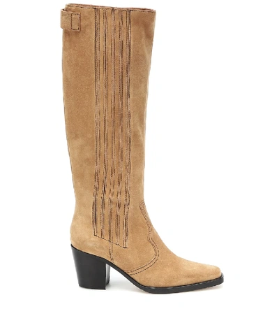 Shop Ganni Western Knee-high Suede Boots In Beige