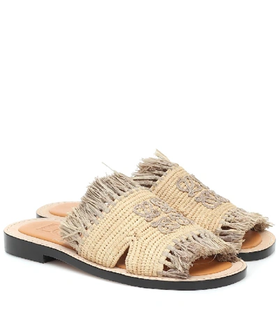 Shop Loewe Fringed Raffia Slides In Beige