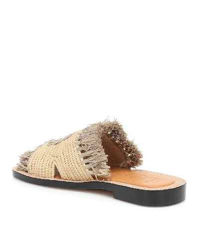 Shop Loewe Fringed Raffia Slides In Beige