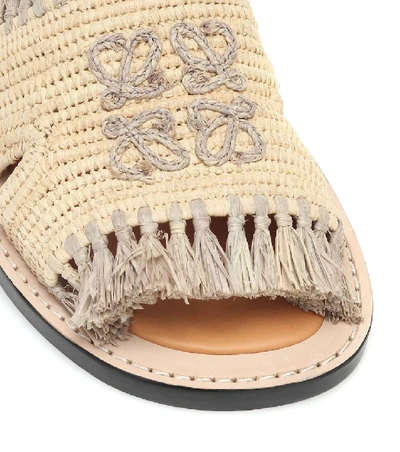 Shop Loewe Fringed Raffia Slides In Beige