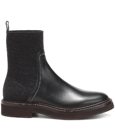 Shop Brunello Cucinelli Leather And Cashmere Ankle Boots In Black