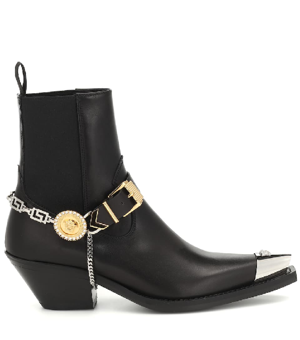 Versace Embellished Western Leather Boots In Black | ModeSens