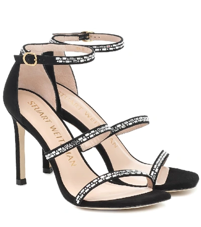 Shop Stuart Weitzman Sabrine 100 Embellished Suede Sandals In Black