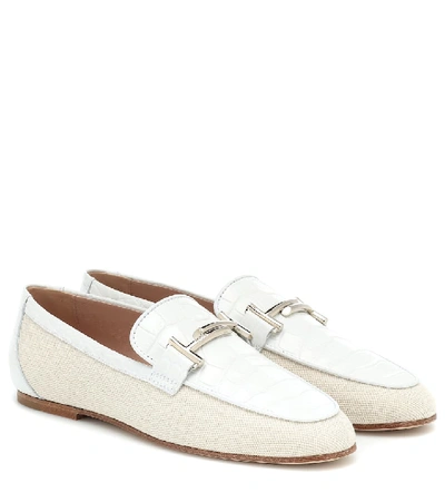 Shop Tod's Double T Canvas And Leather Loafers In White