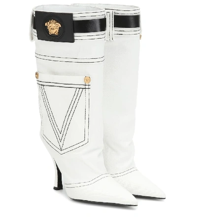 Shop Versace Leather-trimmed Denim Boots In White