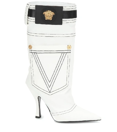 Shop Versace Leather-trimmed Denim Boots In White