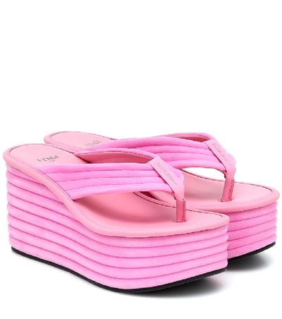 Shop Fendi Ribbed Suede Platform Thong Sandals In Pink