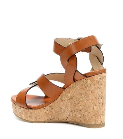 Shop Jimmy Choo Aleili 100 Leather Wedge Sandals In Brown