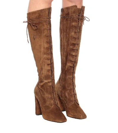 Shop Saint Laurent Laura 100 Suede Knee-high Boots In Brown