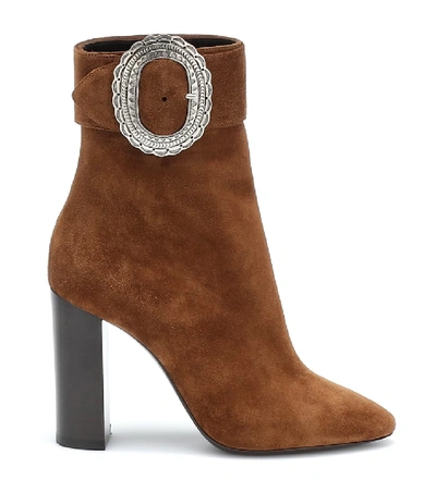 Shop Saint Laurent Joplin Embellished Suede Ankle Boots In Brown