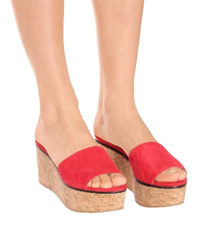 Shop Jimmy Choo Deedee 80 Suede Wedge Sandals In Red