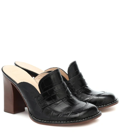 Shop Loewe Croc-effect Leather Mules In Black