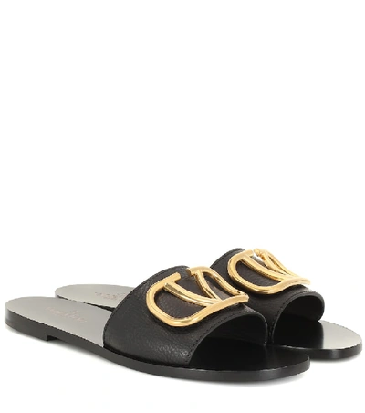 Shop Valentino Vlogo Leather Slides In Black