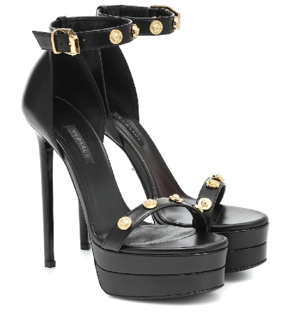 Shop Versace Embellished Leather Plateau Sandals In Black