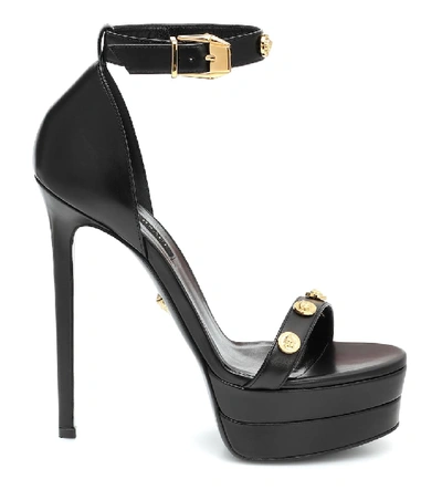 Shop Versace Embellished Leather Plateau Sandals In Black