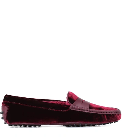 Shop Tod's Gommino Velvet Loafers In Red