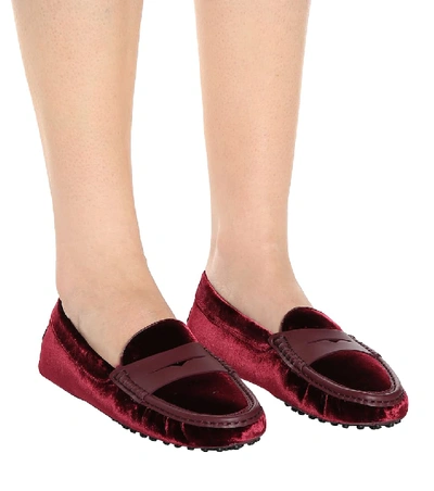 Shop Tod's Gommino Velvet Loafers In Red