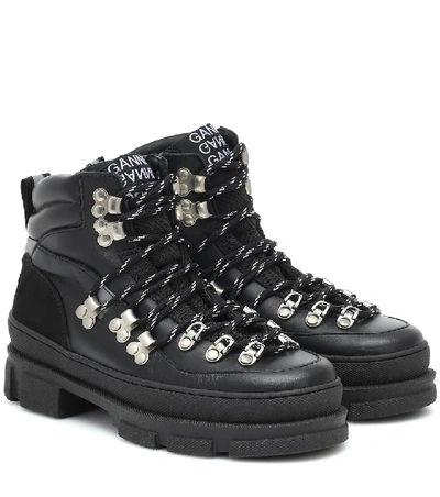 Shop Ganni Sporty Hiking Leather Ankle Boots In Black