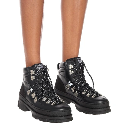 Shop Ganni Sporty Hiking Leather Ankle Boots In Black