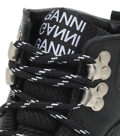 Shop Ganni Sporty Hiking Leather Ankle Boots In Black