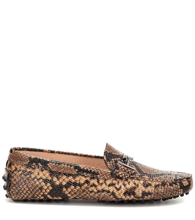 Shop Tod's Double T Snake-effect Leather Loafers In Brown