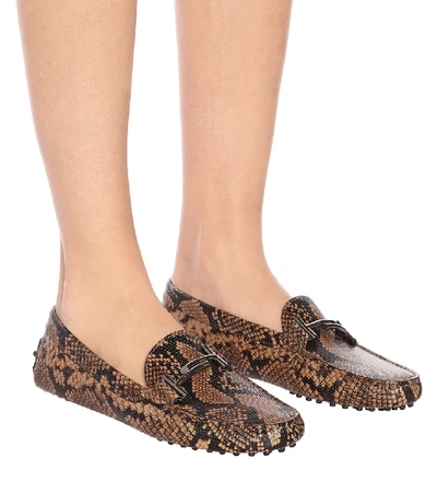Shop Tod's Double T Snake-effect Leather Loafers In Brown