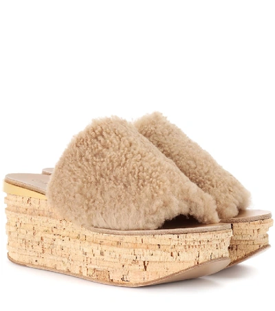 Shop Chloé Camille Shearling Wedge Mules In Beige