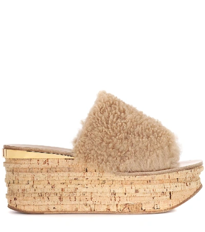 Shop Chloé Camille Shearling Wedge Mules In Beige