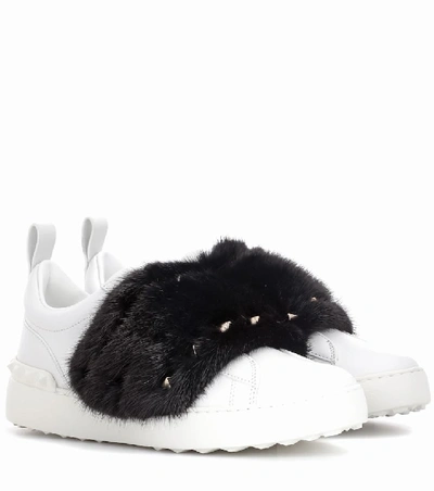 Shop Valentino Open Mink Fur-trimmed Leather Sneakers In White