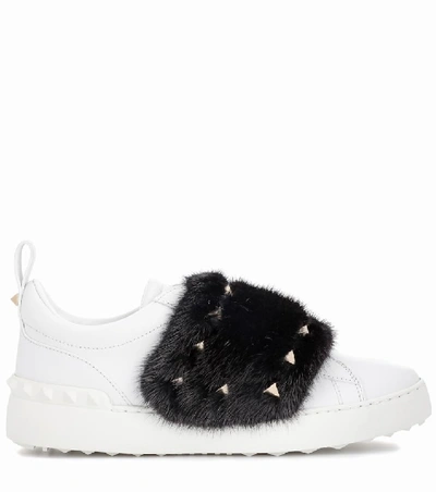 Shop Valentino Open Mink Fur-trimmed Leather Sneakers In White