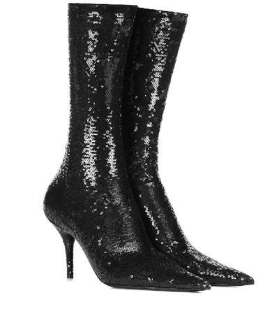 Shop Balenciaga Knife Sequined Sock Boots In Blue
