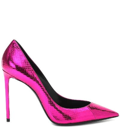 Shop Saint Laurent Zoe 105 Metallic Snakeskin Pumps In Pink