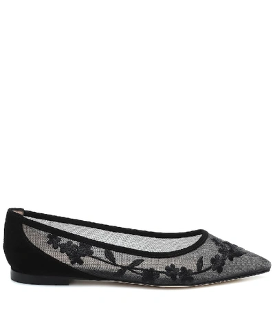 Shop Stuart Weitzman Tasha Embroidered Mesh Ballet Flats In Black