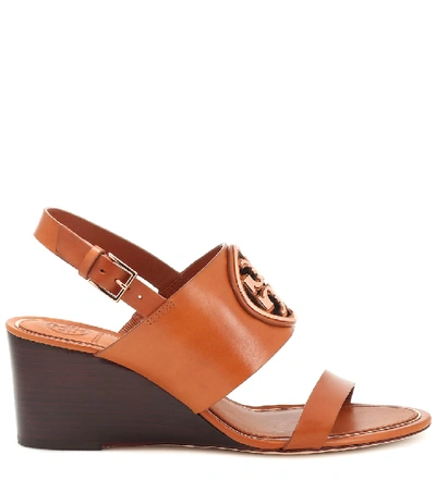 Shop Tory Burch Miller Leather Wedge Sandals In Brown