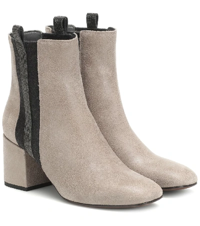 Shop Brunello Cucinelli Embellished Suede Ankle Boots In Grey