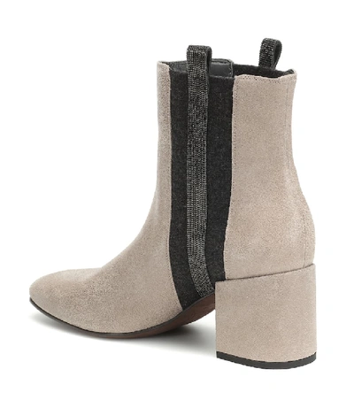 Shop Brunello Cucinelli Embellished Suede Ankle Boots In Grey