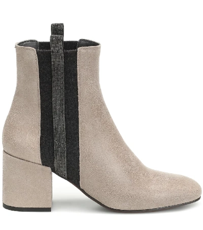 Shop Brunello Cucinelli Embellished Suede Ankle Boots In Grey