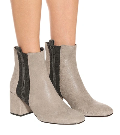 Shop Brunello Cucinelli Embellished Suede Ankle Boots In Grey