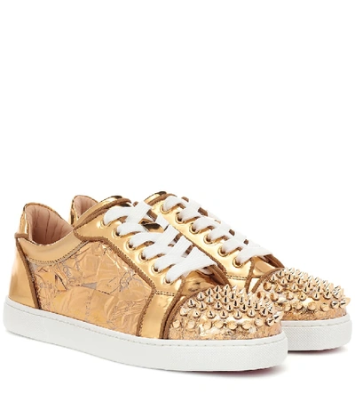 Shop Christian Louboutin Vieira Spikes Embellished Leather Sneakers In Gold